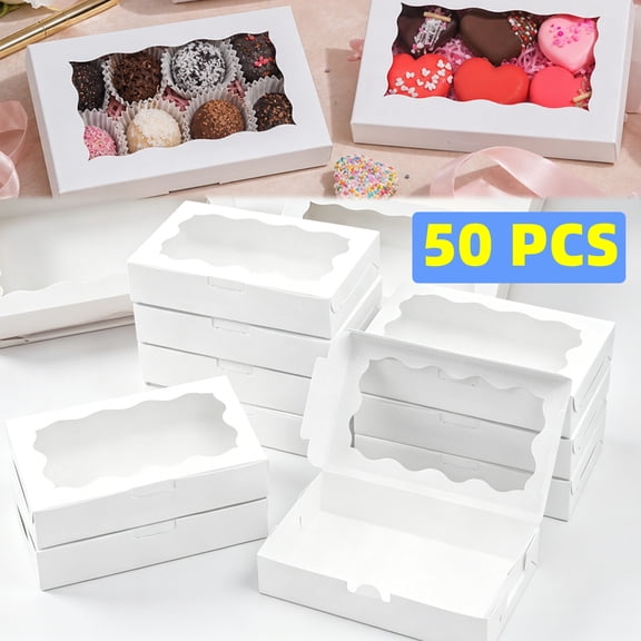 50 Pcs DIY Assembly White Cookies Boxes with Window 7 x 4 3/8 x 1 inches Bakery Packaging for Macaron Cakesickle Chocolate