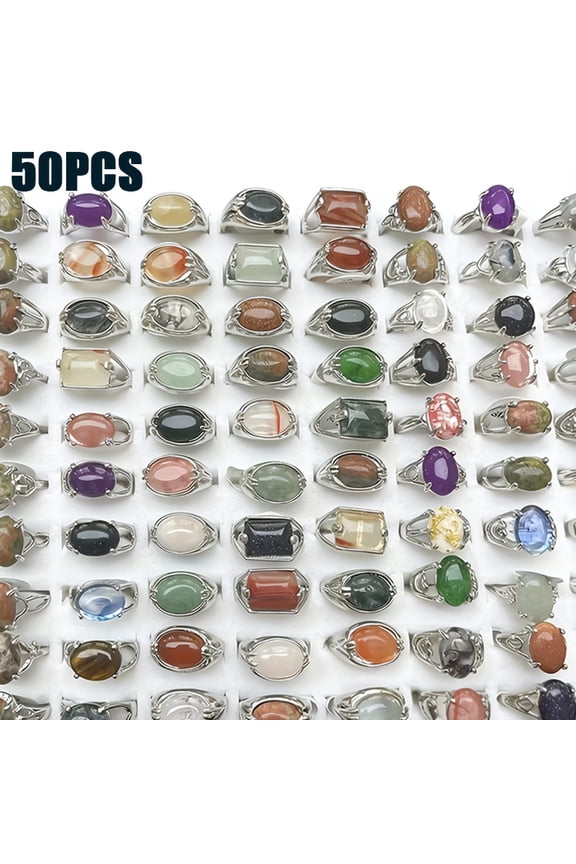 50 Pcs Daily Use Colorful Crystal Style Rings Bohemian Mixed Design Fashion Adjustable Statement Rings Set for Adults Jewelry Gift Party Wear Accessories