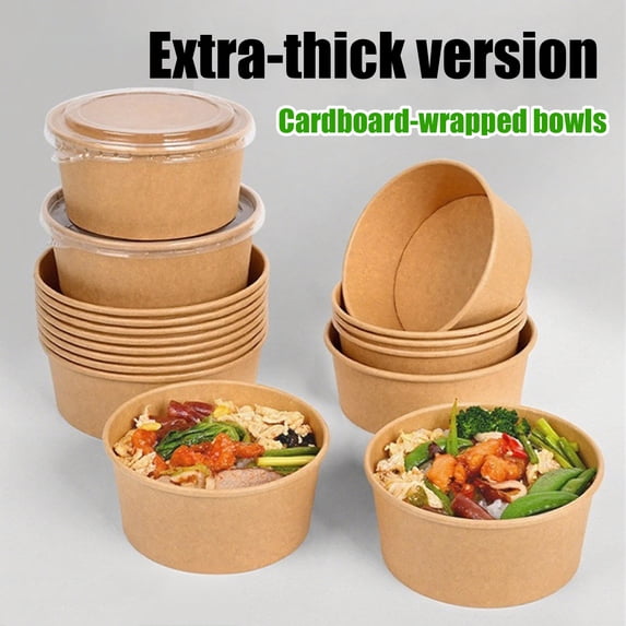 50 Pcs Disposable Brown Paper Bowls with Lids, Microwaveable Refrigerable Food Containers, 900ml Thickened Kraft Tableware for Halloween Christmas Easter Party Supplies Earthy Yellow 900ml