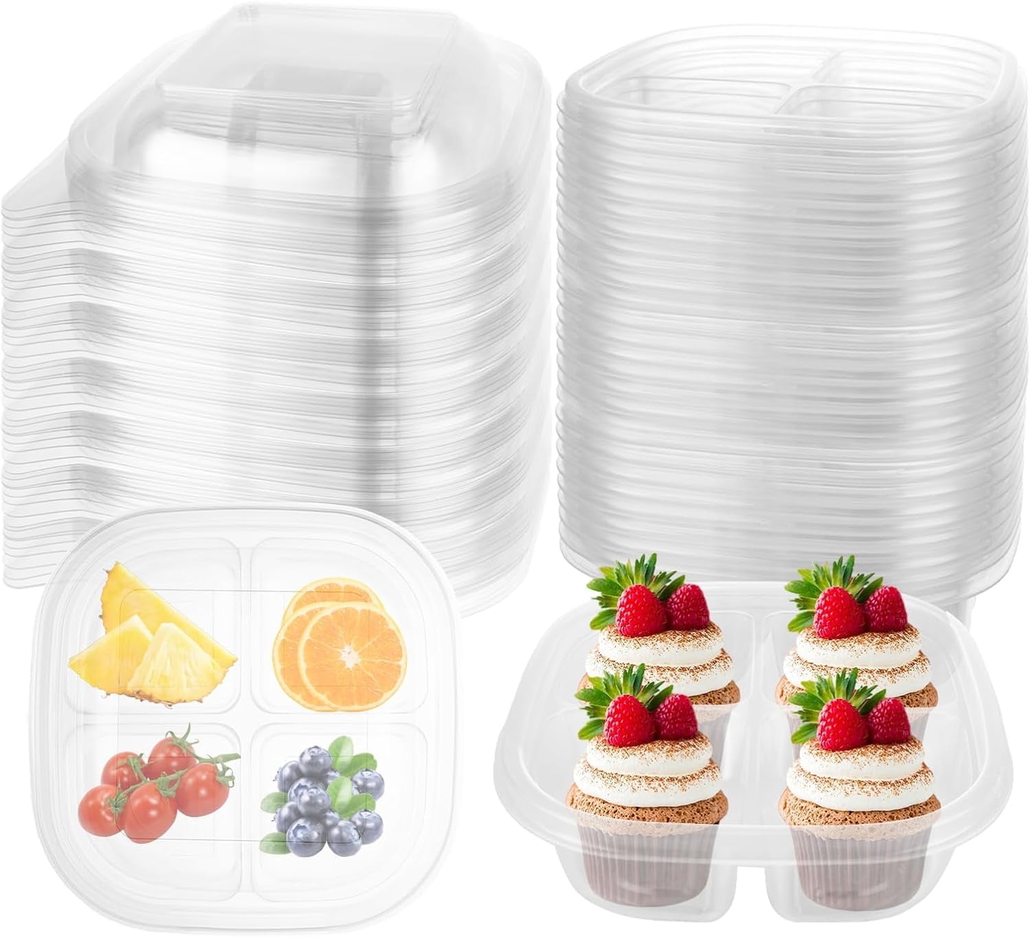50 Pcs Disposable Clear Plastic Bento Boxes,4 Compartment Snack Containers Leakproof Food Container,Stackable Travel Lunch Boxes with Lids Divided Food Storage Containers for  Work Travel