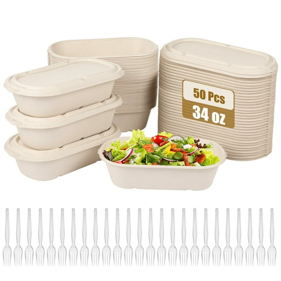 50 Pcs 34 oz Disposable Food Containers with Lids,Sugarcane Pulp Bowls with Forks, Takeout Food Paper Bowls, To Go Containers for Salad, Leftovers, Meal Prep, Microwave & Freezer Safe