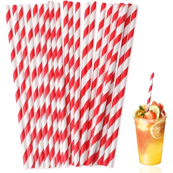 50 Pcs Disposable Red Striped Paper Straws Bulk for Cocktail Drinking Birthday Party Decorations
