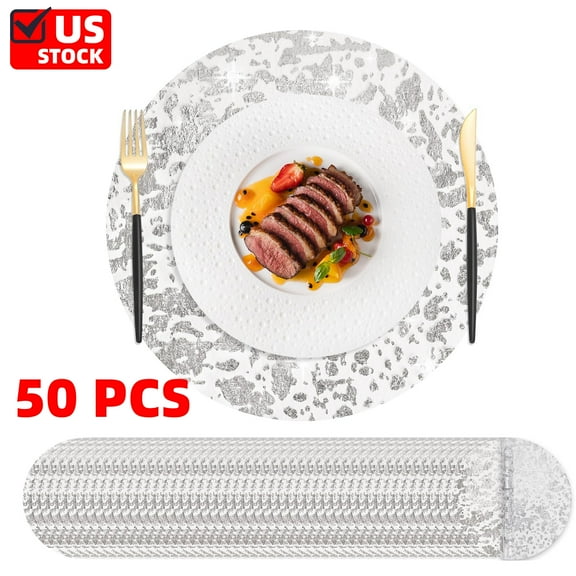 50 Pcs Disposable Silver Placemats Set Metallic 13 Inch Round Foil Mesh Pressed Table Doilies, Ultra-Thin Disposable Placement Mats for Home Decoration Dining Table Wedding Birthday Party