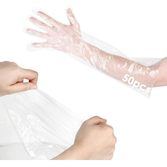 50 Pcs Disposable Veterinary Plastic Gloves, 33.5-inch Disposable Long Arm Gloves Safety Poly Vet Long Sleeve Gloves, Latex-Free Clear Gloves for Food Handling, Animal Inspection Work
