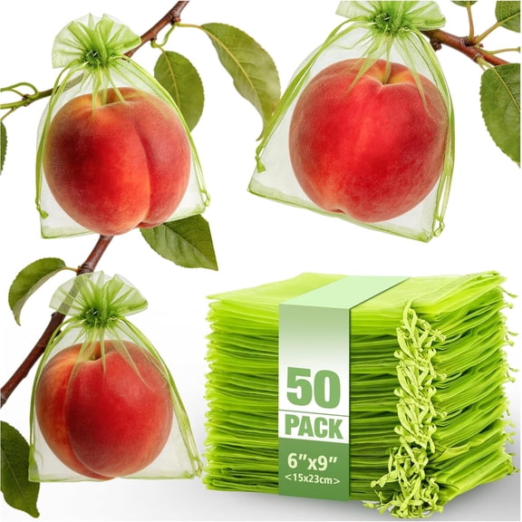 50 Pcs Drawstring Fruit Protection Bags, 69 Inch Green Mesh Fruit Net Covers, Anti-Bird Anti-Insect Garden Protective Bags for Fruit Tree, Tomato, Strawberry, Apple, Cherry, Grapes and Vegetables