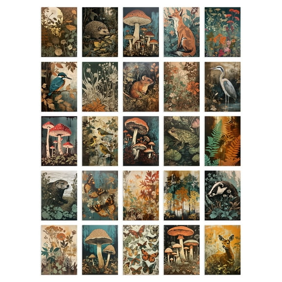 50 Pcs Earthy Wild Nature Rustic Aesthetic Collage Kit Wall Art Prints A6 Set Pack 15x10 cm (6x4") Fungi Flowers Trees Botanical Room Decor Poster