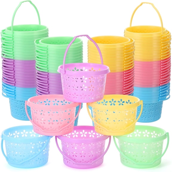 50 Pcs Easter Baskets with Handle Colorful Plastic Eggs Baskets Easter Bucket Bags for Egg Hunt Spring Theme Party Favors (Round)
