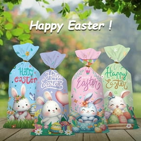 50 Pcs Easter Candy Wrapping Bags Flat Pocket Bunny Eggs Pattern Gift Wrap Bags for Party Treats Holiday Goodie Bag Candy Bag
