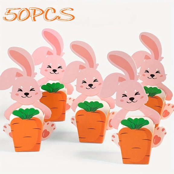 50 Pcs Easter Treat Boxes Bunny Carrot Cookie Candy Chocolate Boxes 3D Rabbit Egg Hunt Basket Container Spring Party Gift Boxes for Easter Birthday Party Decoration Favor Supplies
