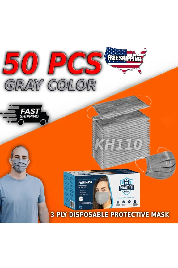 50 Pcs Face Mask Non Medical Surgical Disposable 3-Ply Ear Loop Mouth Cover-Gray