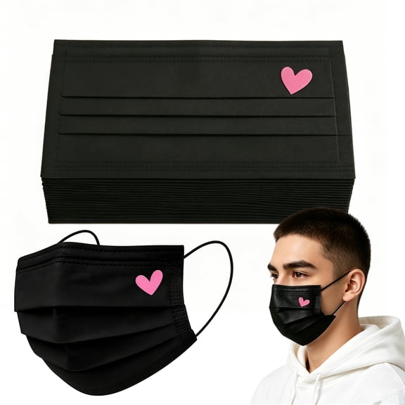 50 Pcs Face Masks Bulk Black Disposable Masks with Hearts Printed Individually Packaged 3-Layer Breathable Earloop Protection for Men Women (Pink)