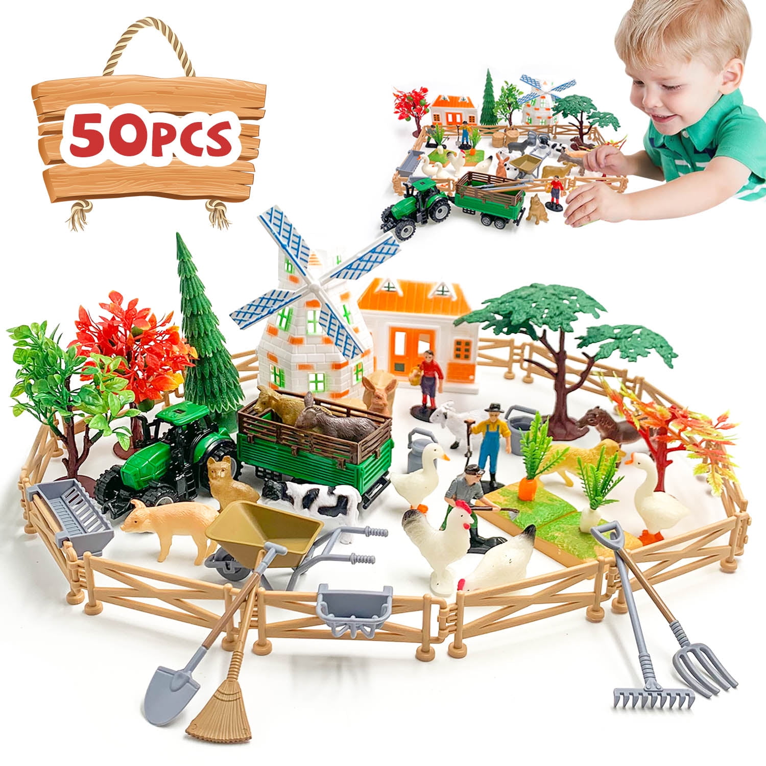 50 Pcs Farm Animals Figures Playset, Farm Pretend Play Toys for 1 Year ...