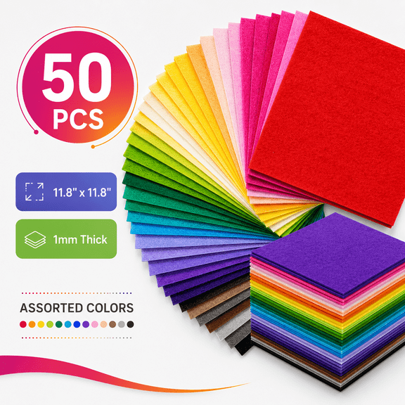 50 Pcs Felt Fabric Sheets 30 x 30 cm Colored Polyester Felt Squares, Craft Felt Sheets for DIY Crafts, Sewing, Patchwork, Decorations, Assorted Colors