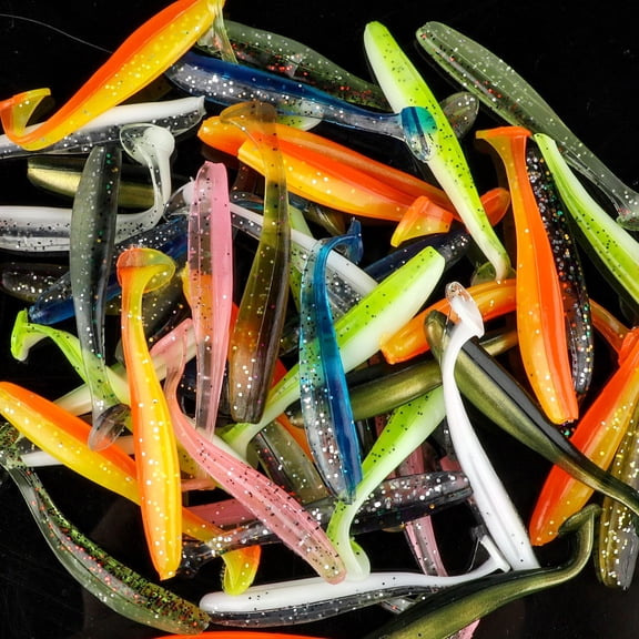 50 Pcs Fishing Lures Baits, EEEkit 2.17in Soft Fishing Lures, T-Tail Soft Baits Kit Assorted Mixture Crappie Quiver Tail for Bass, Hook Slot, Trout, Redfish, Freshwater, and Saltwater