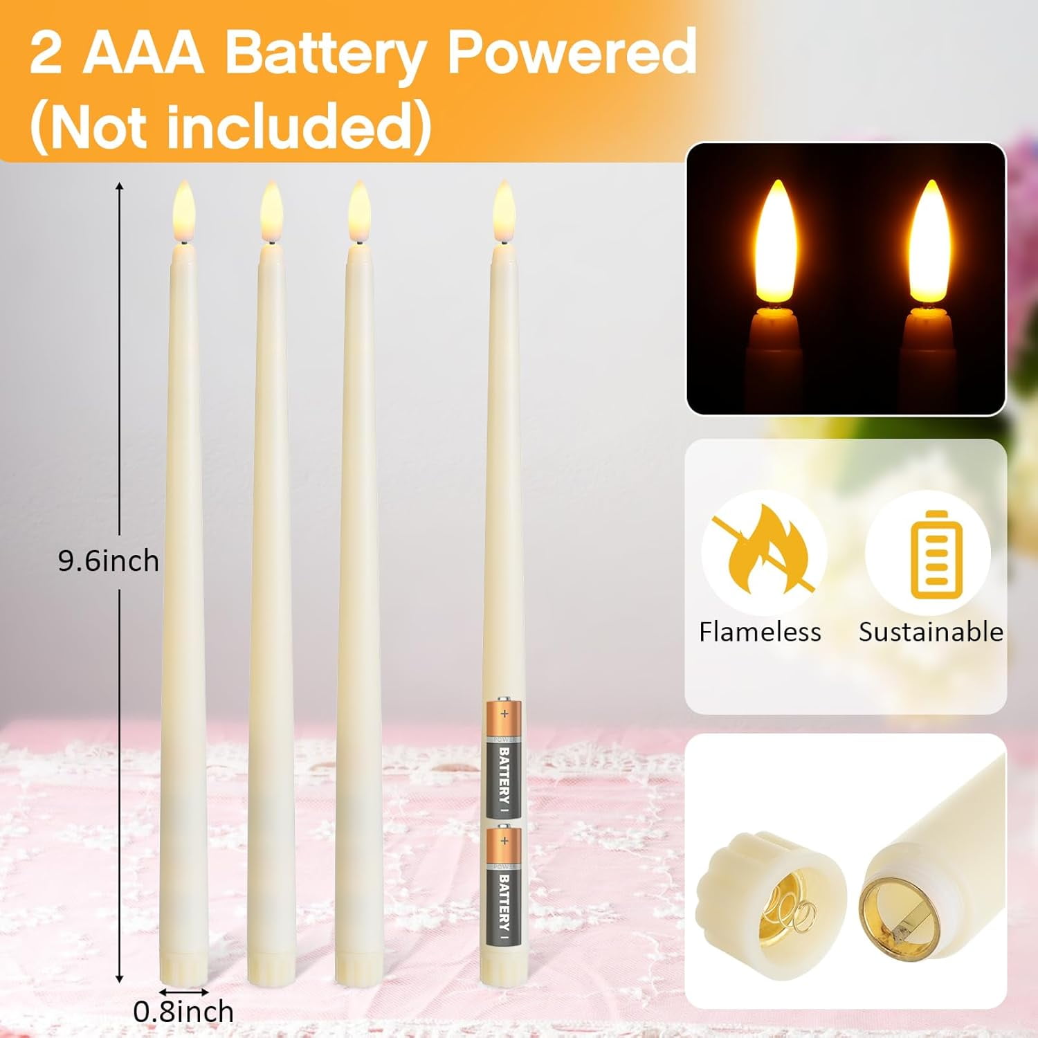 50 Pcs Flameless Ivory Taper Candles Bulk Flickering LED Candles Taper Warm White Light LED Candlesticks for Christmas Wedding Home Decoration No Remote Control, 9.6 Inch