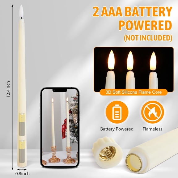 50 Pcs Flameless Taper Candles Battery Operated Bulk 12.4 Ivory LED Taper Candles Flickering LED Candlesticks for Wedding Advent Halloween Christmas Party Decor