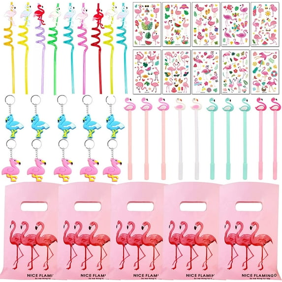 50 Pcs Flamingo Party Favor Set, Flamingo Gift Bags, Key Chains, Drinking Straws, Temporary Tattoos and Pens, Hawaii Tropical Summer Birthday Party Supplies for Kids Teens