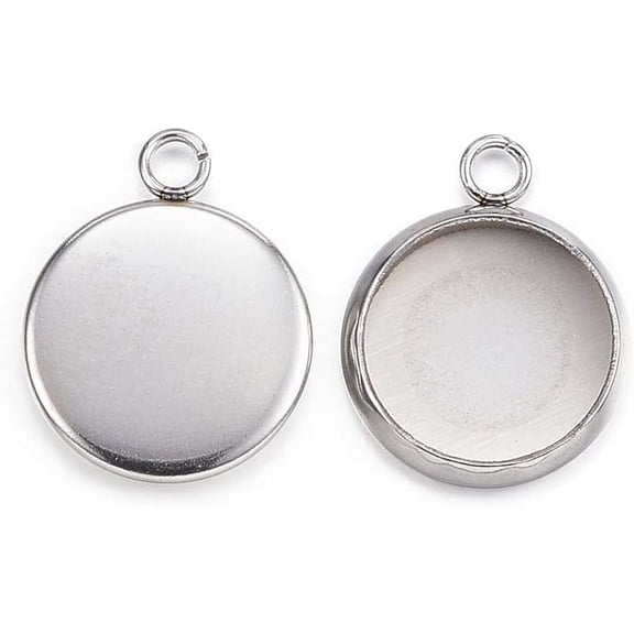 50 Pcs Flat Round Pendant Cabochon Settings 304 Stainless Steel Pendant Cabochon Settings Plain Edge Bezel Cups for Graduation Cap Crafts Jewelry Making Tray: 10mm 15x12x2mm Hole: 2mm