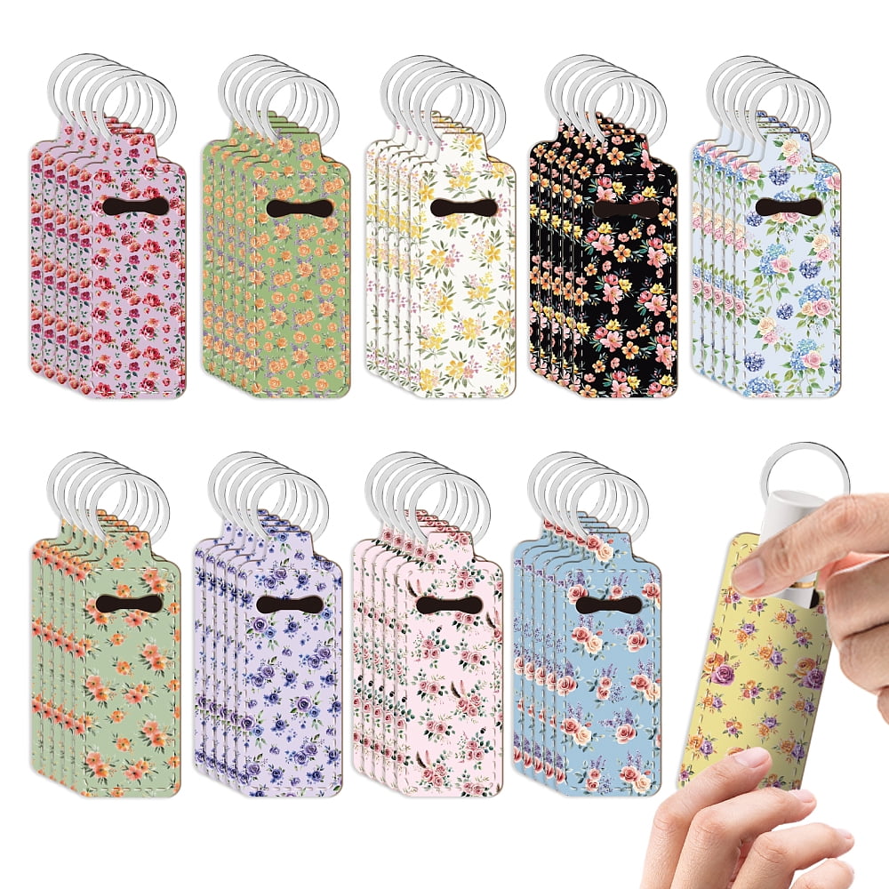 50 Pcs Flower Chapstick Holder Key Chain Lipstick & Lip Balm Keychain with Metal Ring Portable Neoprene Lip Gloss Holder Keychain Travel Essential Pocket Inspirational Gift