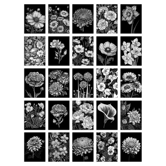 50 Pcs Flower Floral Aesthetic Black White Collage Kit Wall Art Prints A6 Set Pack 15x10 cm (6x4") Wall Home Student Boy Girl Teen Room Elegant