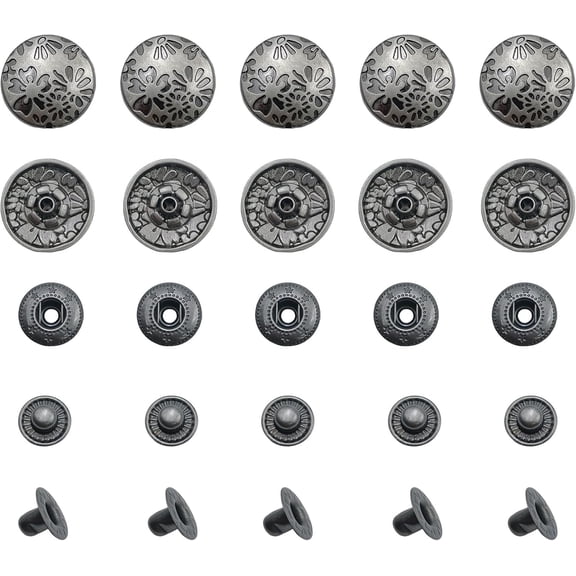 50 Pcs Flower Pattern Decorative Snaps Buttons, Silver Metal Carving Round Conchos, Wallet Decoration Buttons for Leather Craft
