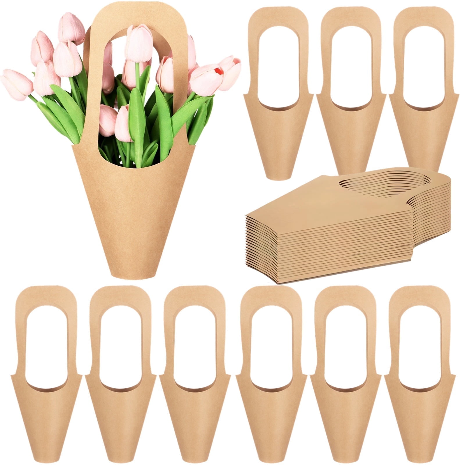 50 Pack Kraft Paper Flower Bouquet Bags - Flower Present Bags with Sturdy Handles - Brown Gift Wrapping Bags for Fresh Flowers, Plants & Gifts