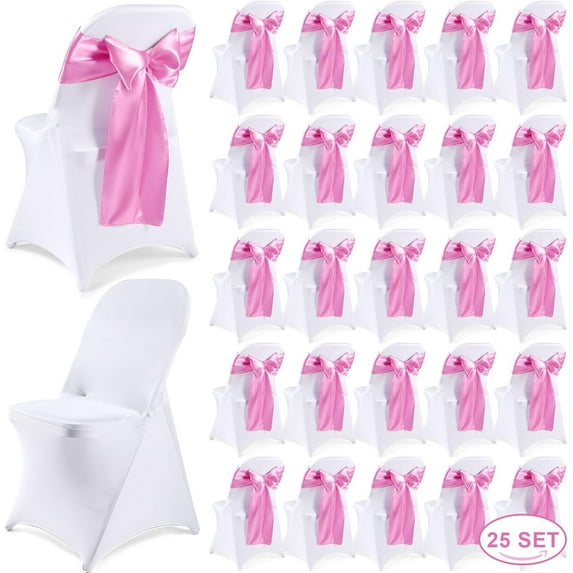 50 Pcs Folding Chair Cover Set with 25 Stretch Spandex Slipcovers 25 Satin Chair Sashes Bows Ribbon Washable Banquet Protector for Wedding Event Party(White, Pink)
