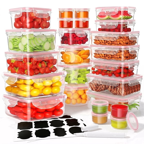 50 Pcs Food Storage Containers with Lids, Plastic Containers Kitchen Organizers and Storage Pink(24 Containers + 24 Lids)