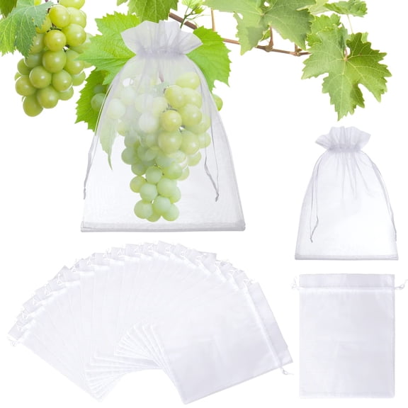 50 Pcs Fruit Protection Bags for Fruit Trees, Breathable Mesh Garden Netting Bags with Drawstring, Bird & Pest Barrier for Grapes Mango Veggies, White
