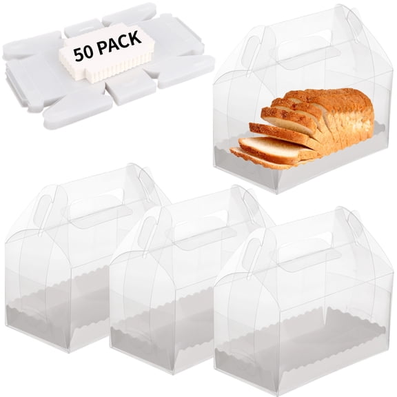 50 Pcs Gable Boxes, Clear Bakery Carry Box with Handle, Portable Treat Gift Container, Plastic Party Favor Box for Weddings, Birthdays, Celebrations