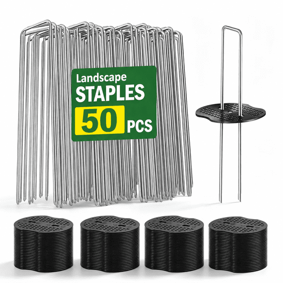 50 Pcs Garden Stakes Landscape Staples Set, 6 Inch 11 Gauge Heavy Duty Galvanized U-Shaped Pins with 50 Gaskets for Weed Barrier Fabric, Grass Sod, Artificial Turf & Yard Landscape, Weed Barrier
