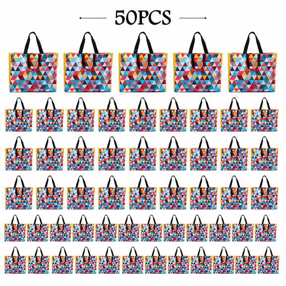 50 Pcs Geometric Non Woven Tote Bags, Triangular Pattern Reusable Shopping Bags with Handles for Grocery, Party Favors, Weddings