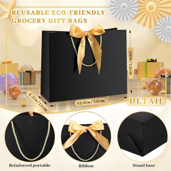 50 Pcs Gift Bags with Handle 12.6 x 10 x 4.3 Inch Black Gold Thank You Bag with Bow Ribbon for Christmas Wedding Birthday Bridal Shower Bridesmaid Graduation Party Favor