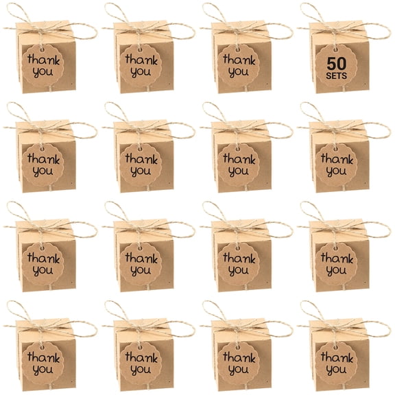 50 Pcs Gift Boxes Kraft Paper Candy Boxes 2x2x2 Inches Mini Party Favor Boxes with Thank You Tags and Hemp Rope for Candy Jewelry Ring Birthday Party Wedding Baby Shower Bridal Shower