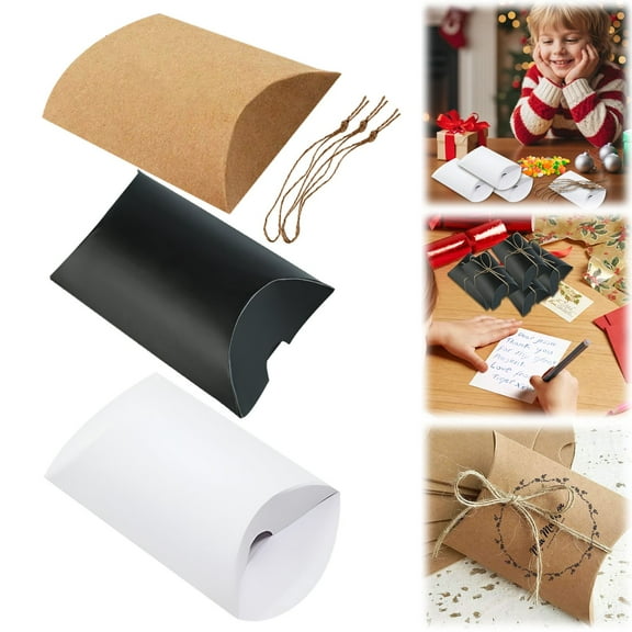 50 Pcs Gift Boxes for Presents Kraft Paper Pillow Boxes for Gift with Jute Rope, Small Candy Boxes for Gift Jewelry Soap Packaging, Mini Foldable Gift Boxes Wedding Birthday Party Favors