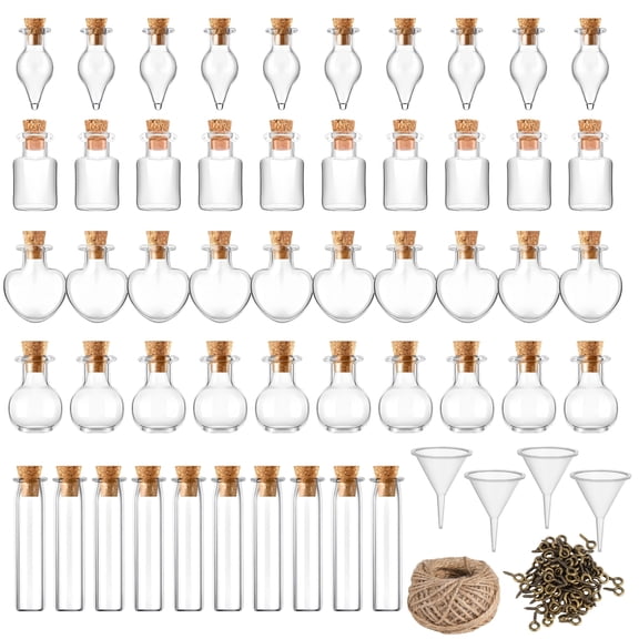 50 Pcs Glass Spell Jars, Mini Craft Bottles with Cork Stoppers, Tiny Wishing Vials for DIY Crafts, Includes Eye Screws, Funnels, and Rope