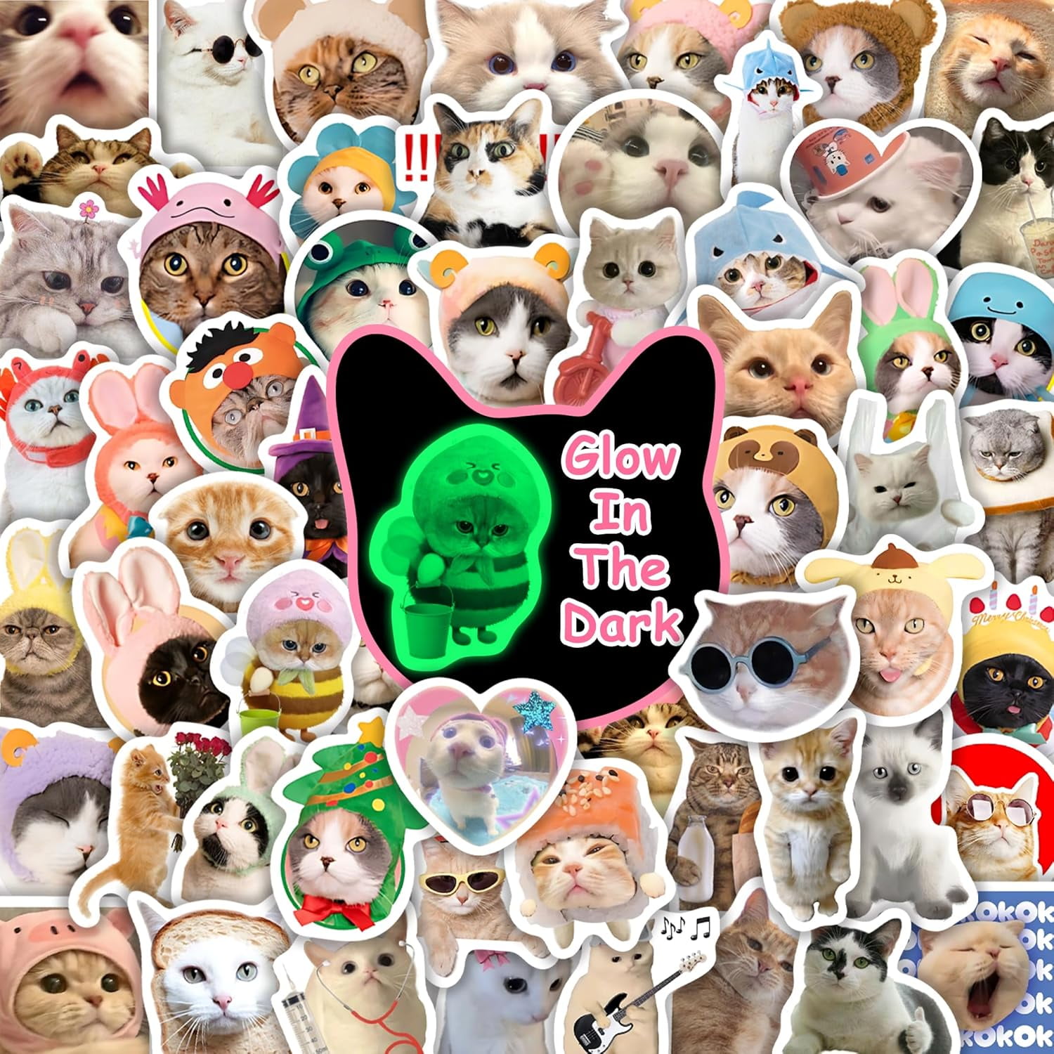50 Pcs Glow in The Dark Funny Meme Cat Stickers for Water Bottle ...