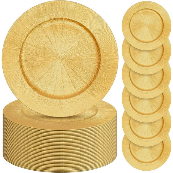 50 Pcs Gold Charger Plates Bulk, 13 Inch Plastic Round Chargers Plates, Decorative Dinner Plates Set for Wedding Event Catering Party Tabletop Setting