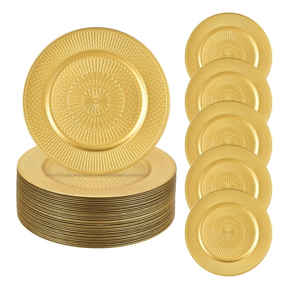 50 Pcs Gold Charger Plates Bulk, 13 Inch Round Plastic Embossed Chargers, Floral Dinner Plates for Wedding Party Table Decor(B)