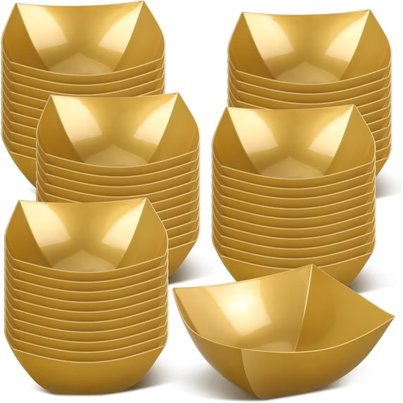 50 Pcs Gold Disposable Square Plastic Serving Bowls, 8 oz Small Snack Salad Candy Bar Containers, Taco Bar Dishes for Party, Buffet, Chips, Fruit