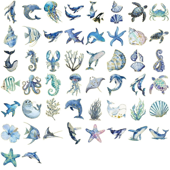 50 Pcs Gold Foil Ocean Creature Stickers, Watercolor Marine Animal Aesthetic Stickers, Sea Life Decorative Sticker Pack for Journal Scrapbook DIY Crafts