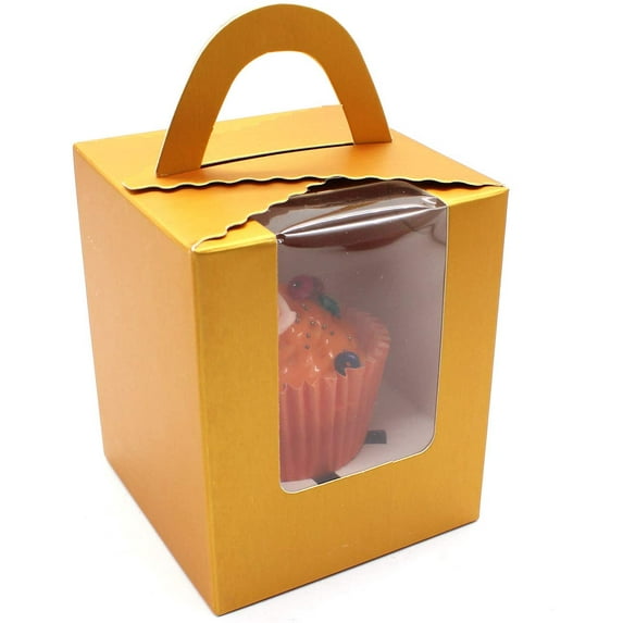 50 Pcs Gold Paper Cupcakes Boxes,Portable Single Individual Cupcake Gift Boxes with Window Inserts Handle for Wedding Candy Boxes (Gold)