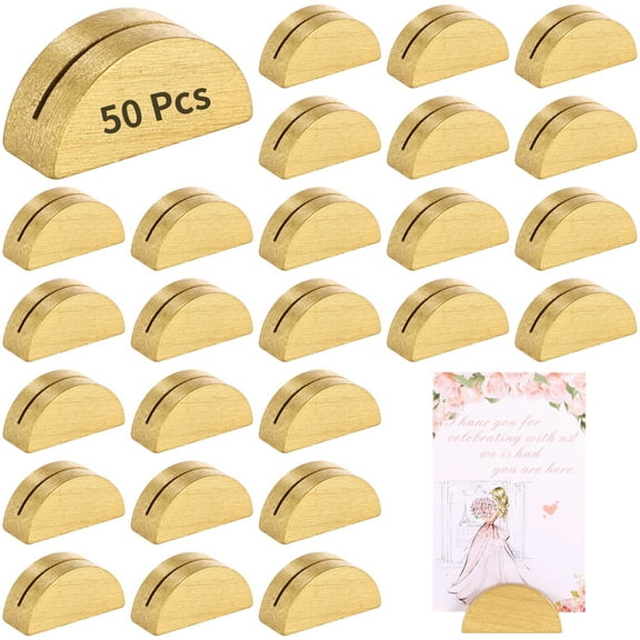 50 Pcs Gold Table Number Stands, Small Wooden Card Holders, Wedding Table Card Stands, Elegant Half-Round Design for Name Cards, Tags, Photos, Table Sign Holders for Weddings, Banquets