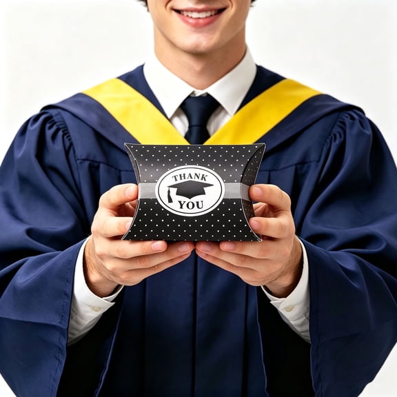 50 Pcs Graduation Black Polka Dot Pillow Favor Boxes with "THANK YOU" & Cap Decor - Glue-Free Paper Craft Candy Gift Boxes for Graduation Ceremony & Commencement Party Favors