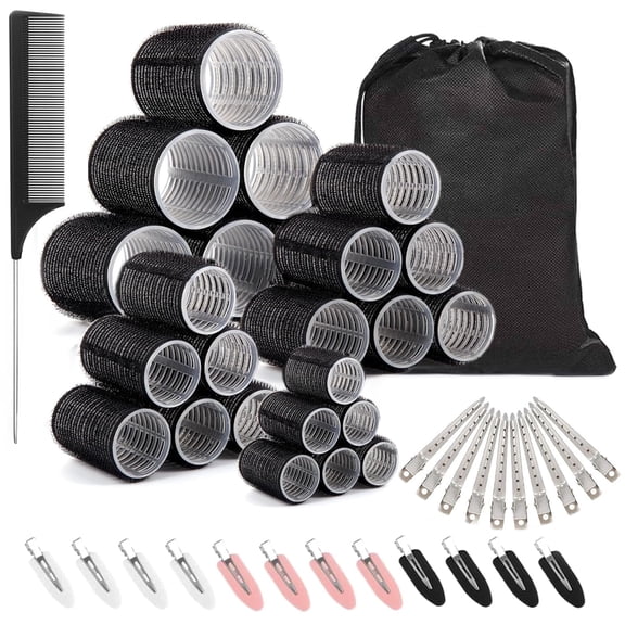 50 Pcs Hair Curlers Set with 24 Rollers (6 Jumbo, 6 Large, 6 Medium, 6 Small) 24 Clips 1 Hair Combs 1 Storage Bag Hair Curlers for All Hair Lengths (Black)