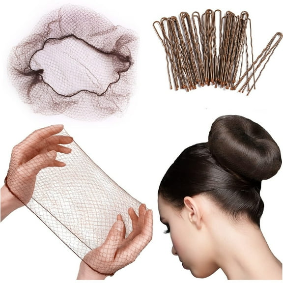 50 Pcs Hair Nets for Buns 20" Invisible Elastic Edge Mesh Bun Set with 50 Hair Bobby Pins, Hair Donuts for Bun, Hair Bun Maker for Ballet Dancer Kitchen Food Service, Women & Wig (Brown)