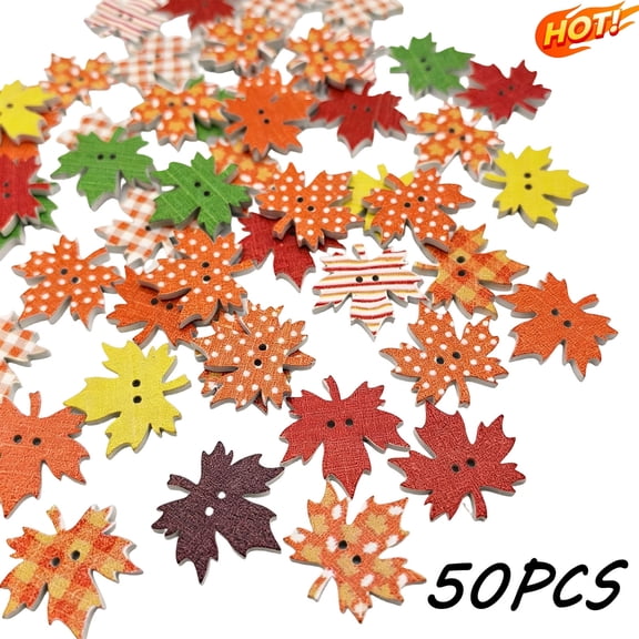 50 Pcs Halloween Buttons, 1in Wooden Assorted Orange Pumpkin & Maple Leaf Sewing Buttons, Embellishments for Sewing, Scrapbooking, Costume Decorations, Buttons for Halloween DIY Crafts, Multicolor