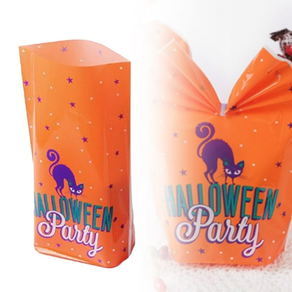 50 Pcs Halloween Goodie Bags with Handles,Happy Halloween Treat Bag,Plastic Trick or Treat Pumpkin Gift Goody Candy Cookie Snack Party Favor Bags Bulk for Trick or Treating Helloween Party Supplies