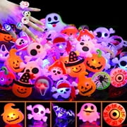 AUTRUCKER 50 Pcs Halloween LED Glow Ring,Light Up Toys Glow in the Dark Birthday Halloween Party Favors Decorations Supplies for Kid/Adults Flash Finger Rubber Rings 8 Shape Ghost Pumpkin Skeleton Spider Bat