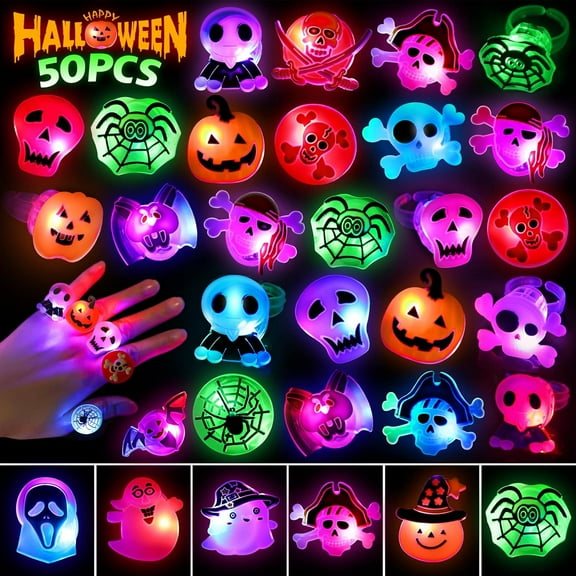 50 Pcs Halloween Light Up Rings for Kids | LED Flashing Toys - Perfect Non-Candy Treats & Party Favors